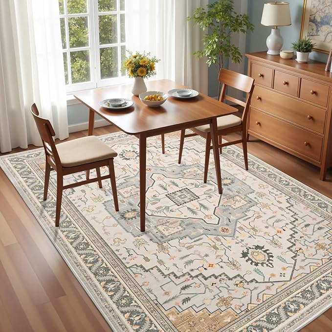 3x5 Grey Beige Area Rug for Living Room, Machine Washable Rugs with Non-Slip Backing for Bedroom, Vintage Medallion Carpet Kitchen Laundry Kids Room Decor