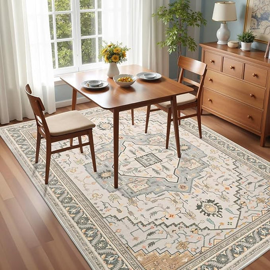 3x5 Grey Beige Area Rug for Living Room, Machine Washable Rugs with Non-Slip Backing for Bedroom, Vintage Medallion Carpet Kitchen Laundry Kids Room Decor