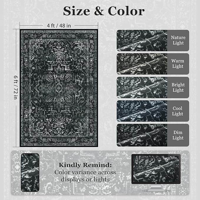 Black White 4x6 Throw Rugs for Entryway, Washable Dark Rug with Rubber Backing for Living Room Bedroom, Vintage Medallion Distressed Area Rug for Kitchen/Bathroom/Dorm/Home Office