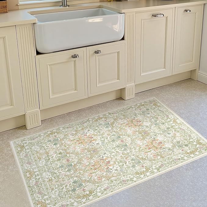 Sage Green Soft Bedside Non Slip Washable Rugs, 2x3 Farmhouse Small Rug for Kitchen, Indoor Entrance, Laundry, Bathroom - Boho Throw Front Door Mat, Soft Cottagecore Art Deco Carpet with Low Pile
