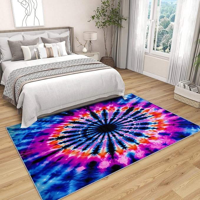 Tie Dye Rugs for Bedroom - 8x10 Area Rugs, Mandala Hippie Living Room Rug, Colorful Psychedelic Rug for Bedroom, Blue and Pink Abstract Washable Carpet, Multicolor Tie Dye Home Decor & Gifts