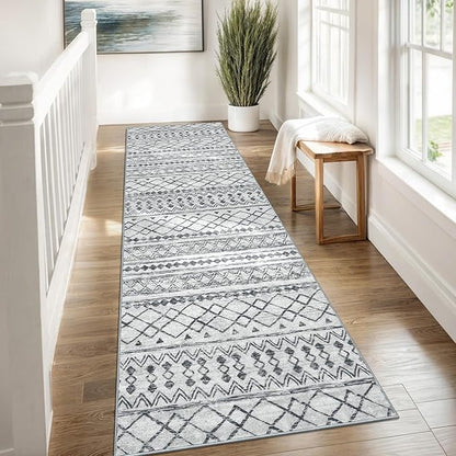KUTA Moroccan Washable Runner Rug 2.6x8, Non-Slip Vintage Grey Boho Hallway Runners Kitchen Rugs Ultra Soft Print Distressed Geometric Floor Carpet for Bedroom Laundry Living Room