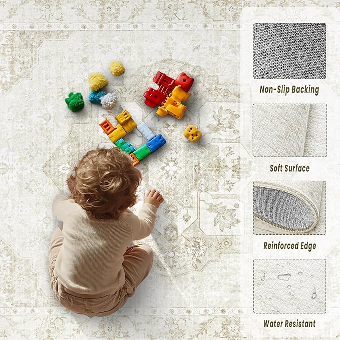 5x7 Area Rugs Washable Rugs for Living Room, Vintage Boho Rug Non-Slip Soft Floral Distressed Rug Low Pile Stain Resistant Carpet for Bedroom Nursery Office Dining Room Farmhouse Dorm(Beige, 5'x7')