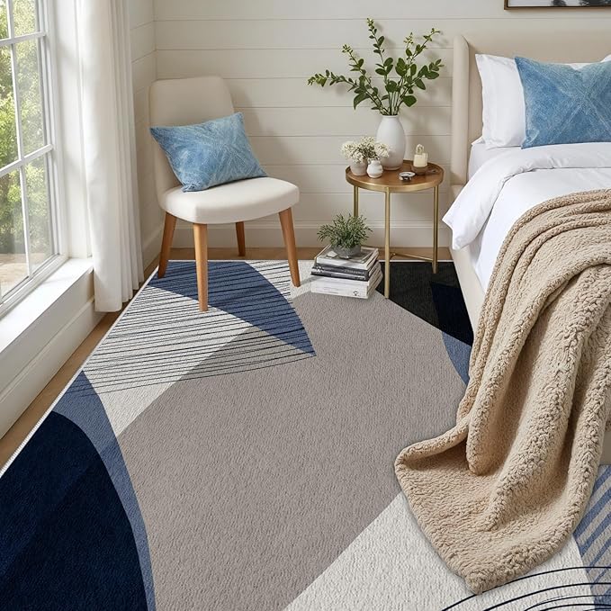 Abstract Art Line Living Room Area Rugs 5x7, Modern Boho Geometric Print Soft Rug, Minimalist Washable Non Slip Neutral Carpet for Bedroom, Dining Room Office Playroom, Navy Blue Gray