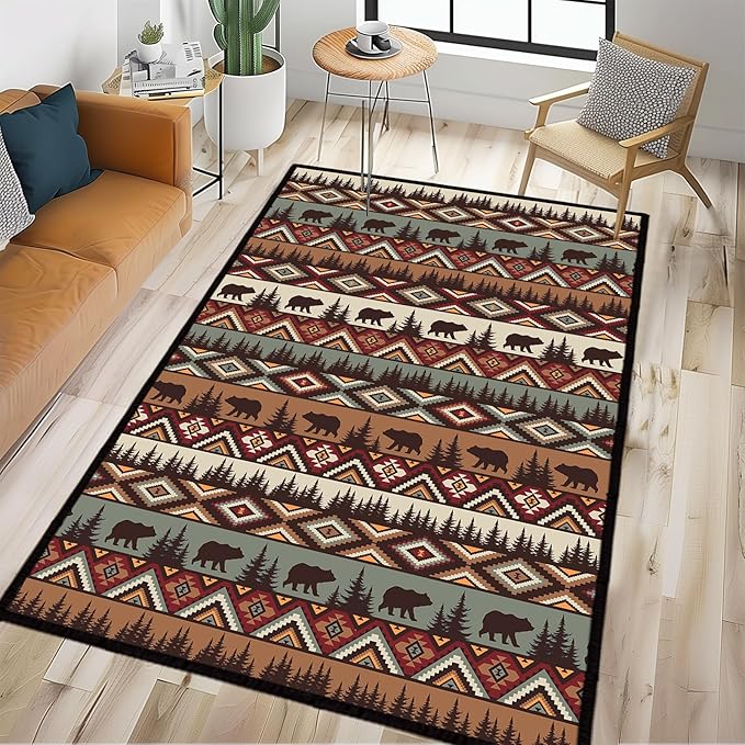 Rustic Cabin Wildlife Area Carpet for Living Room 4x6 Area Rug for Bedroom,Bear Moose Deer Country,Vintage Throw Rug Indoor Rugs Non Slip Soft Floor Carpets Mat for Dining Room,Office