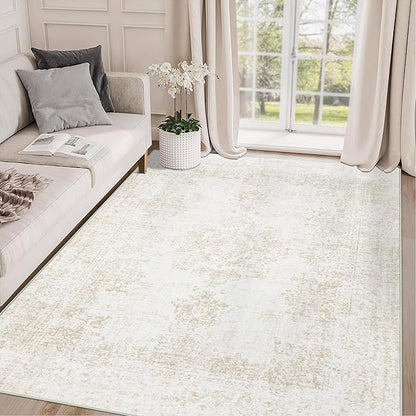 Area Rug 4x6 Entryway Rugs - Machine Washable Vintage Boho Area Rug Non-Slip Bedroom Rugs Soft Stain Resistant Living Room Carpet, Oriental Distressed Rug for Dining Room Office Nursery(Ivory, 4'x6')