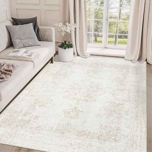 Area Rug 4x6 Entryway Rugs - Machine Washable Vintage Boho Area Rug Non-Slip Bedroom Rugs Soft Stain Resistant Living Room Carpet, Oriental Distressed Rug for Dining Room Office Nursery(Ivory, 4'x6')