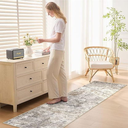2X6 Washable Runner Rug for Hallway: Soft Neutral Modern Abstract Area Rug - Non-Slip Low Pile Long Throw Indoor Carpet for Kitchen Entryway Kitchen Bedroom Laundry Bathroom - Brown Grey