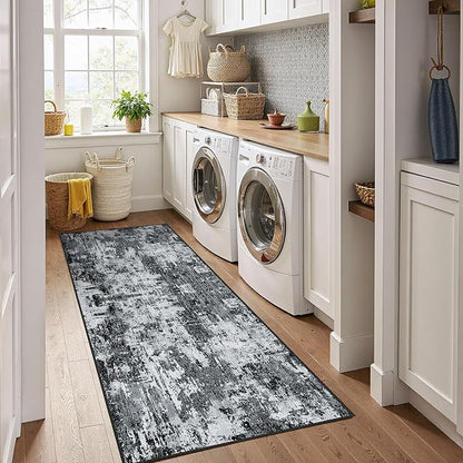 Washable Area Rugs 2'x8' Non-Slip Modern Abstract Soft for Living Room Entryway Bedroom Nursery, Print Pattern, Black Gray