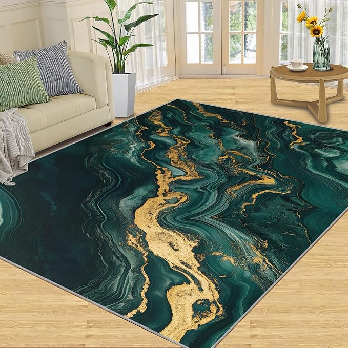 6x9 Abstract Marble Living Room Rug - Emerald-Green-Marble Bedroom Carpet, Luxury Stone Pattern Classroom Rug for Carpet Boy Bedroom Office Nursery Hardwood Home Decor