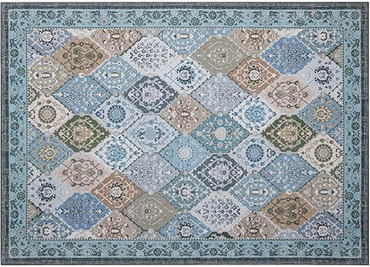 Phantoscope Washable Area Rug 5'x7' Non-Slip, Vintage Boho Rugs for Living Room, Bedroom, Dining Room, Distressed Moroccan Mosaic Diamond Pattern, Low-Pile Foldable Floor Carpet, Blue Teal/Neutral