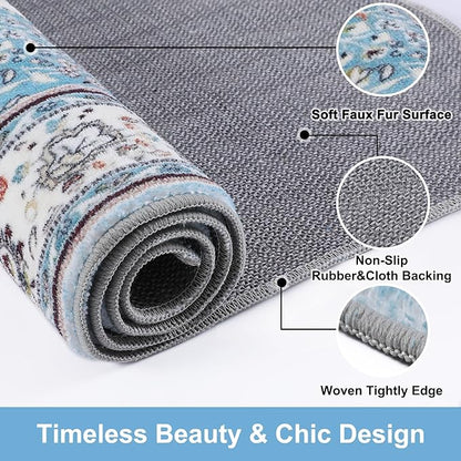 COMSLE Boho Runner Rug, 2x6 Washable Rugs for Hallway Faux Wool Small Throw Rug Distressed Kitchen Area Rug Non-Slip Laundry Room Rug Carpet Runner for Entryway Indoor Bedroom (Light Blue)
