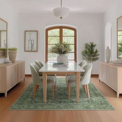 FMFUNCTEX 5x7 Washable Area Rug Green Neutral Vintage Distressed Oriental Non Slip Low Pile Traditional Indoor Carpet for Living Room Bedroom Soft Retro Throw Rug for Dining Office Kitchen Entryway