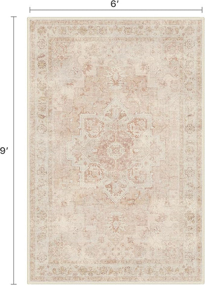 6x9 Area Rugs for Living Room, Machine Washable Rug, Non Slip Vintage Rugs, Low Pile Lightweight Print Rug for Bedroom, Dining Room, Home Office, Pink