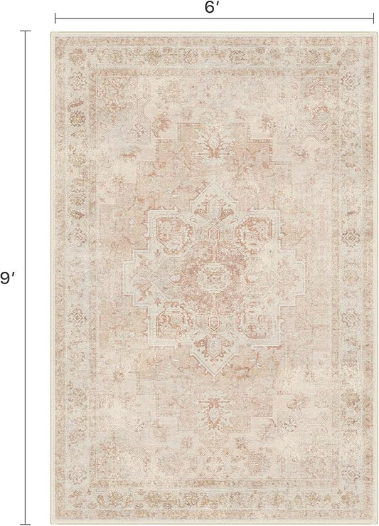 6x9 Area Rugs for Living Room, Machine Washable Rug, Non Slip Vintage Rugs, Low Pile Lightweight Print Rug for Bedroom, Dining Room, Home Office, Pink