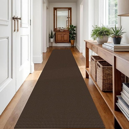 IOHOUZE Washable Runner Rug 2.6x12 Non Slip Rubber Backed Extra Long Hallway Runner Entryway Runner Indoor, Kitchen Rugs Woven Cotton Floor Carpet for Hall Entrance Stair, Brown