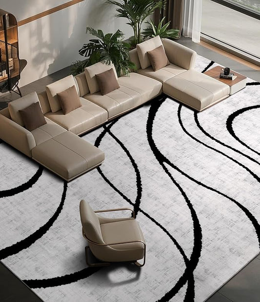 YIHOUSE Modern Area Rugs for Living Room, 9x12 Washable Black and White Rug, Thin Abstract Geometric Striped Rug, Area Rug for Bedroom,Kitchen,Dining Room,Office