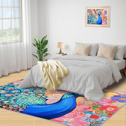 Peacock Area Rug 6x9-6x9 Rug, Boho Floral Rugs for Living Room, Colorful Carpet, Oil Painting Art Washable Area Rugs for Bedroom, Aesthetics Carpet - Peafowl Home Decor & Gifts