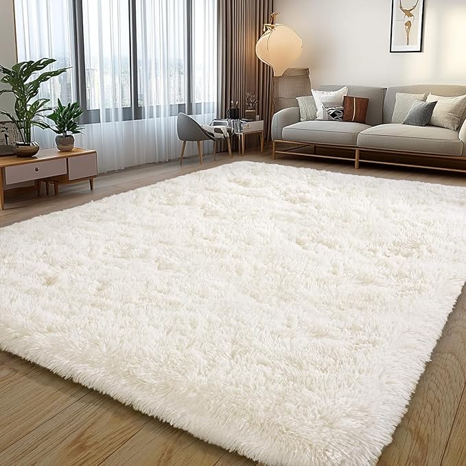 Cream White Plush Rug for Living Room Fuzzy Carpet for Bedroom Dorm, Non-Slip High Pile Rug, Shag Rug for Playroom Nursery Home Office Decor 9X12 Ft