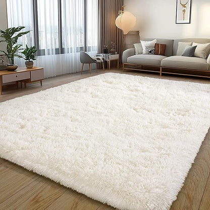 Cream White Plush Rug for Living Room Fuzzy Carpet for Bedroom Dorm, Non-Slip High Pile Rug, Shag Rug for Playroom Nursery Home Office Decor 6X9 Ft