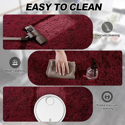 Burgundy Plush Rug for Living Room Fuzzy Carpet for Bedroom Dorm, Non-Slip High Pile Rug, Shag Rug for Playroom Nursery Home Office Decor 8X10 Ft