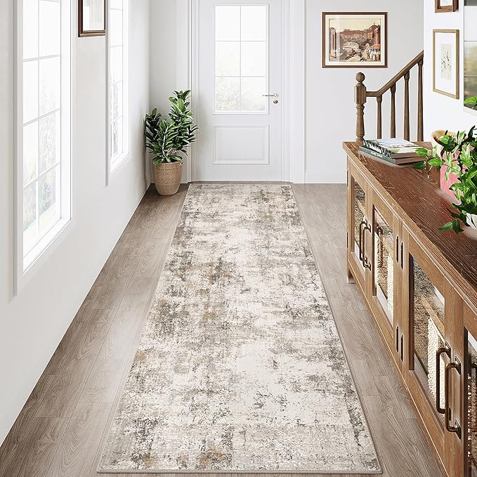 3x8 Washable Runner Rug Brown Grey Abstract Hallway Kitchen Throw Rug Neutral Modern Non Slip Soft Low Pile Carpet for Bathroom Laundry Bedroom Living Room