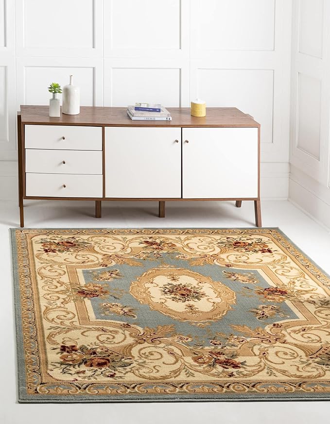 Rugs.com Chateau Collection Rug – 8 Ft Square Light Blue Medium Rug Perfect for Living Rooms, Kitchens, Entryways