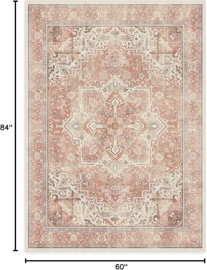 RUGGABLE Washable Area Rug – Kamran Rose Pink 5x7, Stain-Resistant, Non-Slip – Medium Machine Washable Rugs for Living Room, Bedroom, Hallway, Entryway & Office–with Standard Pad