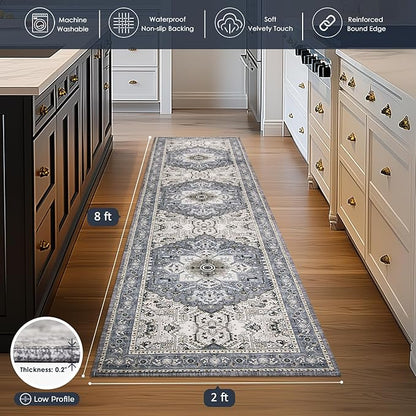 PURRUGS Vintage Farmhouse Boho Runner Rug 2x8 ft, Non-Slip Machine Washable Rug, Accent Oriental Area Rug for Kitchen, Hallway, Entryway, Bedroom, Living Room & Dining Room, Periwinkle Gray/Soft Ivory