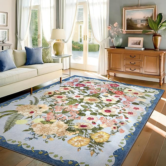 Floral Rug for Living Room - 4x6 Washable Area Rugs Non-Slip Soft Low-Pile Stain Resistant Carpet Unique Flower Print Vintage Indoor Rug for Bedroom Dining Room Office Nursery Room, Blue