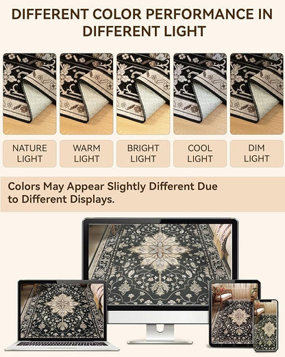 Area Rugs 2'x6' Washable Non-Slip, Floral Vintage Distress Print Pattern Medallion Carpet for Living Room Bedroom Dining Room, Black Brown Neutral Dark Tan