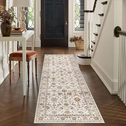 Washable Hallway Runner Rug 2.5x12ft - Long Non-Slip Cream Colorful Boho Runner Rug Low Pile Soft Vintage Bohemian Floral Runners for Hallways Kitchen Living Room Indoor Entryway Bedroom Foyer