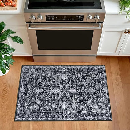 KILOCOCO Small Area Rug 2x3 Entryway Rugs Printed Vintage Moroccan Floral Washable Rug Non-Slip Kitchen Rug Indoor Door Mat, Accent Throw Small Rugs for Laundry Room Bedroom Entrance, Black/Navy/White