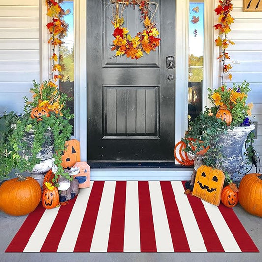 KOZYFLY Red White Striped Outdoor Rug 3x5 Ft Woven Christmas Area Rug Washable Front Door Rugs for Front Porch Kitchen Entryway Patio Dining Room Holiday Decor