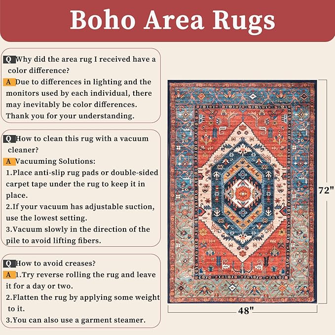 SERISSA Area Rug 4x6 Boho Rugs for Bedroom, Washable Non-Slip Living Room Rugs, Ultra Soft Vintage Print Distressed Rust Rug Low-Pile Throw Carpet for Entry Bedroom Nursery Kitchen Dorm Decor