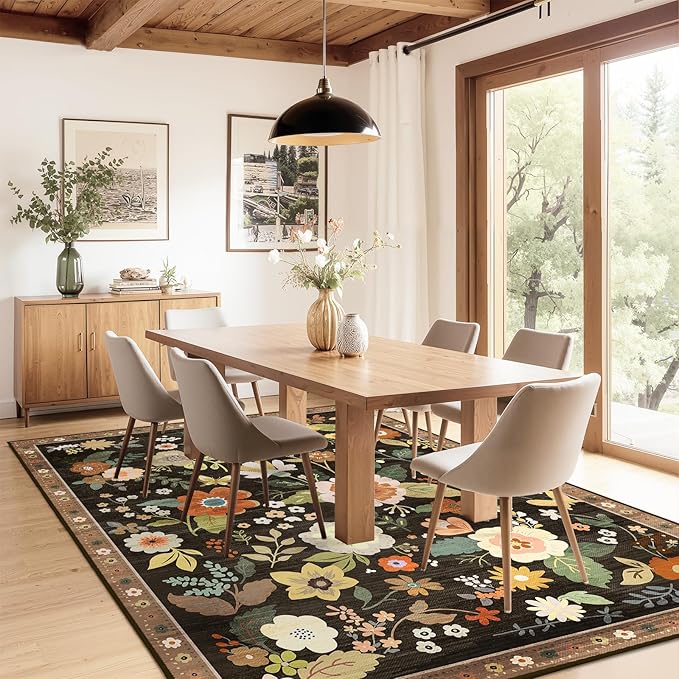Floral 5x7 Area Rug Machine Washable Soft Print Boho Carpet Non Slip Doormat Low Pile Flower Area Rugs for Living Room Bedroom Nursery Kitchen Dining Room Indoor-Black/Yellow/Red