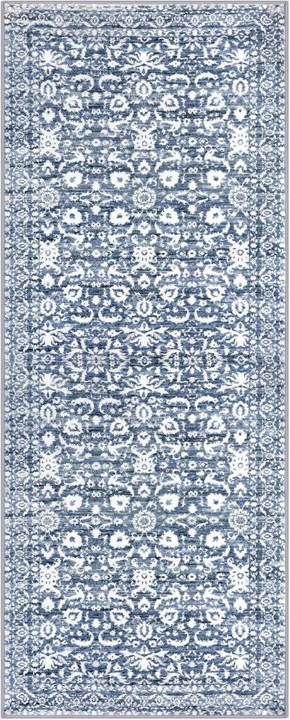 Vintage Floral 2x6 Runner Rug, Light Blue White Washable Kitchen Runner Rug Non-Slip Hallway Rug Runner Thin Printed Faux Wool Super Soft Carpet for Entryway Bedroom Laundry Room Indoor