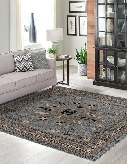 Unique Loom Taftan Collection Border Geometric Tribal Inspired Design Area Rug (8' 0 x 8' 0 Square, Gray/ Black)