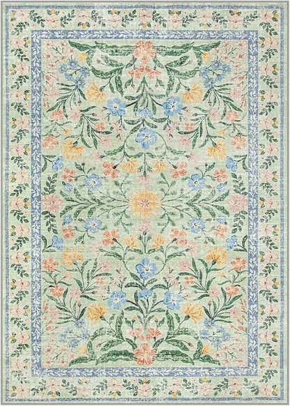 Lahome Washable 5x7 Area Rugs, Boho Pink and Green Floral Living Room Rug Non Slip, Vintage Girls Bedroom Indoor Carpet for Nursery Playroom Kitchen, Green/Multi
