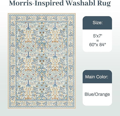 5x7 Area Rugs Living Room Rug - Floral Vintage Morris-Inspired Washable Carpet, Low Pile Non-Shedding Stain Resistance Boho Soft Carpet for Bedroom, Dining Room, Office, Farmhouse (5'x7' Blue/Orange)