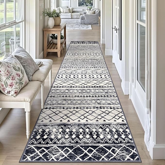 KUTA Moroccan Washable Runner Rug, 2.6x10 Non-Slip Vintage Black Navy Blue Boho Hallway Kitchen Rugs Ultra Soft Geometric Floor Carpet Runners for Bedroom Laundry Living Room