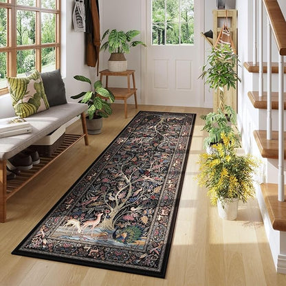 Rugcomf Runner Rug 2x6 Vibrant Tree of Life-Patterned Vintage Kitchen Rugs Non Slip Washable Soft Carpet Runner for Laundry Bedroom Bathroom, Black