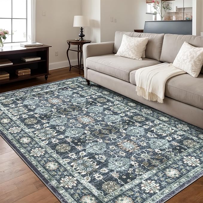 Washable 6×9 Area Rug for Living Room, Vintage Floral Rug Soft Non Slip Stain Resistant Boho Carpet for Indoor Bedroom Dinning Room Home Office Blue/Navy