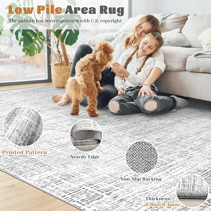 9x12 Area Rugs for Living Room, Washable Large Area Rug Neutral Modern Abstract Bedroom Rug Soft Non Slip Low Pile Stain Resistant Indoor Carpet for Kids Playroom Dining Room Office(Grey, 9'x12')