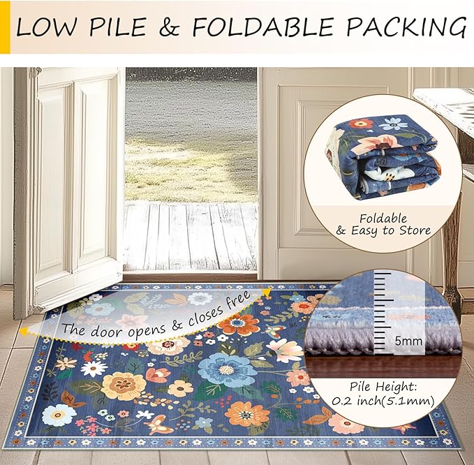 Floral 6ft Area Rug Machine Washable Soft Print Boho Carpet Non Slip Doormat Low Pile Flower Area Rugs for Living Room Bedroom Nursery Kitchen Dining Room Indoor-Blue/Grey