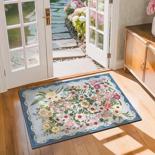 Door Mat Entrance 2x3 Rug - Floral Rugs Washable Small Area Rug Non-Slip Stain Resistant Low Pile Flower Print Throw Rugs for Indoor Entryway, Bedroom, Kitchen, Front Door, Entry - Blue