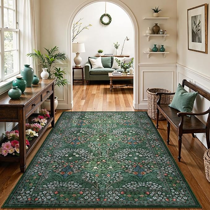Lahome Floral Washable Rugs 5x7, Soft Green Rugs for Bedroom Living Room, Boho Non Slip Low Pile Forest Stain Resistance Large Throw Carpet for Farmhouse Dining Room Office, Dark Green