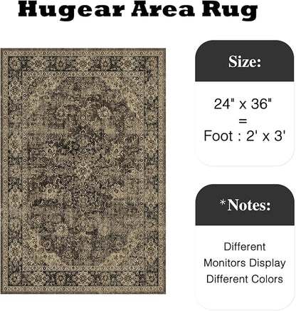 HUGEAR 2x3 Entryway Area Rug Retro Brown Small Rug Machine Washable Door Mat Vintage Floral Low Pile Carpet Distressed Throw Rug Entrance Kitchen Bathroom Bedroom Office Non Slip Soft Lightweight