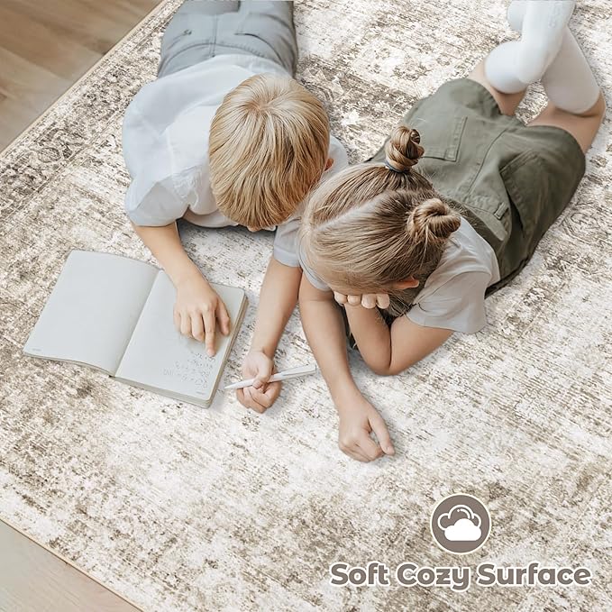 Area Rug 10x12 Washable Rug, Vintage Boho Medallion Rugs Non-Slip Soft Low Pile Large Distressed Rug Indoor Retro Carpet for Living Room Bedroom Dining Room Home Office (Taupe, 10'x12')