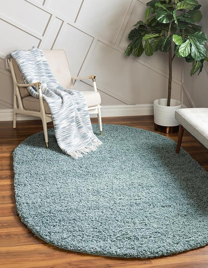 Unique Loom Solid Shag Collection Area Rug (5' 1" x 8' Oval, Light Slate Blue)